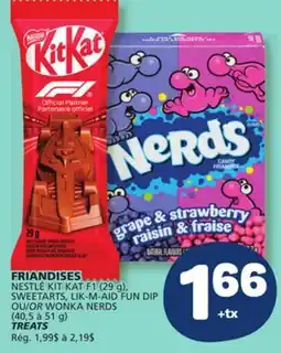 Marché Bonichoix NESTLÉ KIT KAT F1 (29 g), SWEETARTS, LIK-M-AID FUN DIP OR WONKA NERDS (40,5 to 51 g) TREATS offer