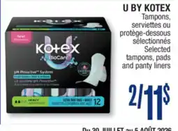 Jean Coutu U BY KOTEX Selected tampons, pads and panty liners offer