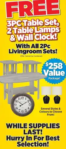 Surplus Furniture 3PC Table Set, 2Table Lamps &Wall Clock offer