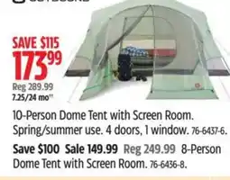Canadian Tire 10-Person Dome Tent with Screen Room. Spring/summer use. 4 doors, 1 window offer