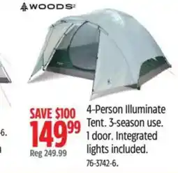 Canadian Tire WOODS 4-Person Illuminate Tent. 3-season use. 1 door. Integrated lights included. offer