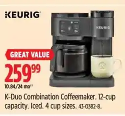 Canadian Tire KEURIG K-Duo Combination Coffeemaker. 12-cup capacity. Iced. 4 cup sizes offer