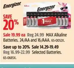 Canadian Tire ENERGIZER MAX Alkaline Batteries. 24/AA and 16/AAA offer