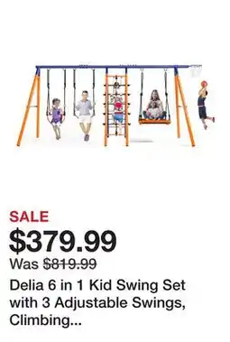 Wayfair Delia 6 in 1 Kid Swing Set with 3 Adjustable Swings, Climbing Ladder and Net, Basketball Hoop offer