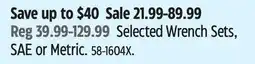 Canadian Tire Selected Wrench Sets, SAE or Metric offer