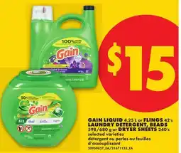 No Frills GAIN LIQUID, 4.25 L OR FLINGS 42'S LAUNDRY DETERGENT, BEADS 598/680 G OR DRYER SHEETS, 240'S offer