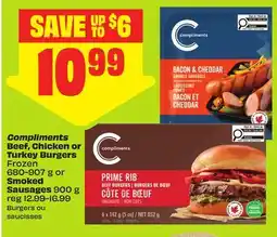FreshCo Compliments Beef, Chicken or Turkey Burgers Frozen 680-907 g or Smoked Sausages 900 g offer