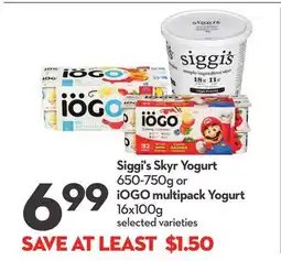 Longo's Siggi's Skyr Yogurt 650-750g or iOGO multipack Yogurt 16x100g offer
