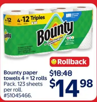 Walmart Bounty paper towels 4 = 12 rolls offer