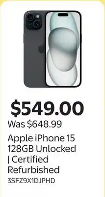 Walmart Apple iPhone 15 128GB Unlocked | Certified Refurbished offer