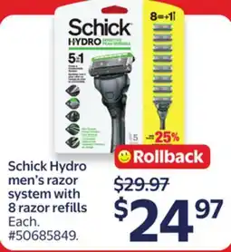 Walmart Schick Hydro men's razor system with 8 razor refills offer