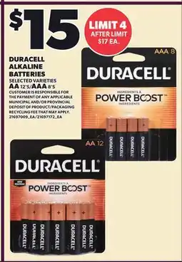 Loblaws DURACELL ALKALINE BATTERIES, AA 12's / AAA 8's offer