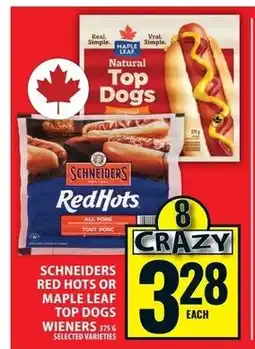 Food Basics Schneiders red hots or maple leaf top dogs wieners offer