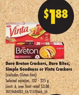 No Frills Dare breton crackers, dare bites, simple goodness or vinta crackers offer