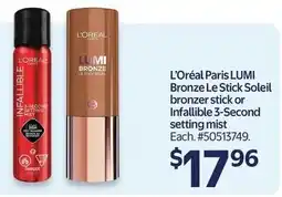 Walmart L'Oréal Paris LUMI Bronze Le Stick Soleil bronzer stick or Infallible 3-Second setting mist offer