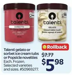 Walmart Talenti gelato or sorbet ice cream tubs or Popsicle novelties offer