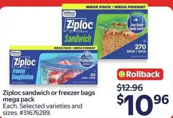 Walmart Ziploc sandwich or freezer bags mega pack offer