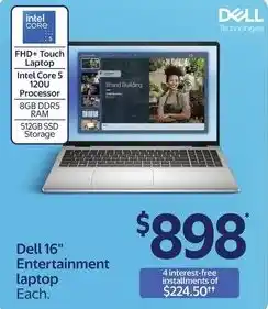 Walmart Dell 16" Entertainment laptop offer
