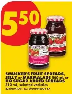 No Frills Smucker's fruit spreads, jelly or marmaladeor no sugar added spreads offer