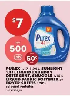 No Frills Purex, sunlight liquid laundry detergent, snuggle liquid fabric softener or dryer sheets offer