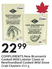 Sobeys COMPLIMENTS New Brunswick Cooked Wild Lobster Claws or Newfoundland Cooked Wild Snow Crab Clusters offer