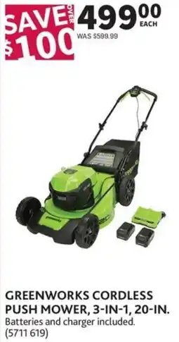 Co-op Greenworks cordless push mower, 3-in-1, 20-in. offer
