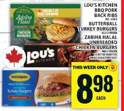 Food Basics Lou's Kitchen BBQ Pork Back Ribs, Butterball Turkey Burgers, Zabiha Halal Unbreaded Chicken Burgers offer