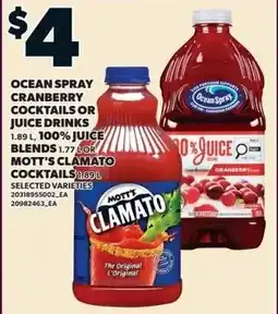 Independent Grocer Ocean Spray Cranberry Cocktails or Juice Drinks, 100% Juice Blends, or Mott's Clamato Cocktails offer