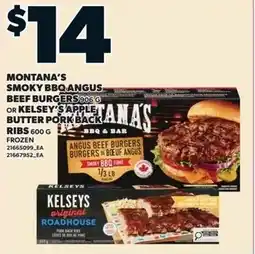 Independent Grocer Montana's Smoky BBQ Angus Beef Burgers, or Kelsey's Apple Butter Pork Back Ribs, offer
