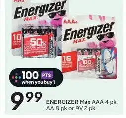 Sobeys ENERGIZER Max AAA 4 pk, AA 8 pk or 9V 2 pk offer
