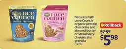 Walmart Nature's Path Love Crunch organic protein Rollback chocolate and almond butter or strawberry cheesecake granola offer