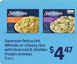 Walmart Swanson fettuccini Alfredo or cheesy rice with broccoli & chicken frozen entrees offer