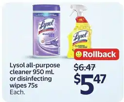 Walmart Lysol all-purpose cleaner 950 mL or disinfecting wipes 75s offer