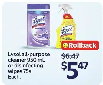 Walmart Lysol all-purpose cleaner 950 mL or disinfecting wipes 75s offer