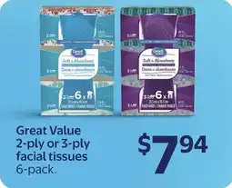 Walmart Great Value 2-ply or 3-ply facial tissues offer