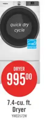 The Brick Whirlpool 7.4 Cu. Ft. Smart Electric Dryer with Wrinkle Shield - White - YWED5720RW offer