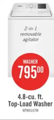 The Brick Whirlpool 4.8 Cu. Ft. Top Load Washer with 2-in-1 Removable Agitator - WTW4107SW offer