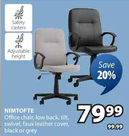 JYSK NIMTOFTE Office chair, low back, tilt, swivel, faux leather cover, black or grey offer