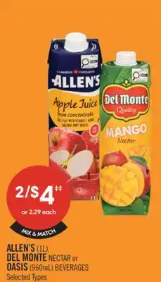 Shoppers Drug Mart ALLEN'S (1L), DEL MONTE NECTAR or OASIS (960mL) BEVERAGES offer