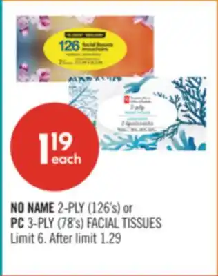 Shoppers Drug Mart NO NAME 2-PLY (126's) or PC 3-PLY (78's) FACIAL TISSUES offer