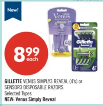Shoppers Drug Mart GILLETTE VENUS SIMPLY3 REVEAL (4's) or SENSOR3 DISPOSABLE RAZORS offer