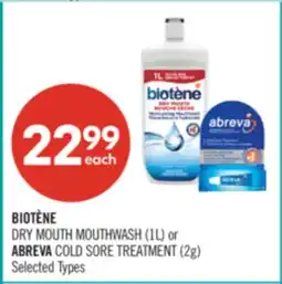 Shoppers Drug Mart BIOTÉNE DRY MOUTH MOUTHWASH (1L) or ABREVA COLD SORE TREATMENT (2g) offer