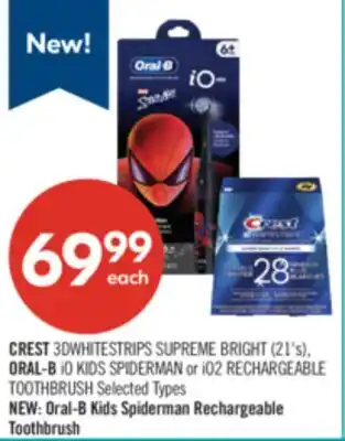 Shoppers Drug Mart CREST 3DWHITESTRIPS SUPREME BRIGHT (21's), ORAL-B iO KIDS SPIDERMAN or iO2 RECHARGEABLE TOOTHBRUSH offer