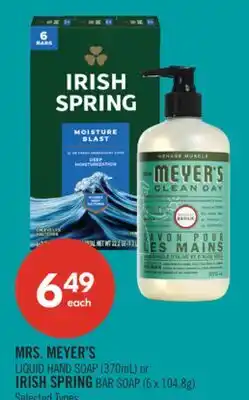 Shoppers Drug Mart MRS. MEYER'S LIQUID HAND SOAP (370mL) or IRISH SPRING BAR SOAP (6 x 104.8g) offer