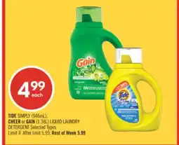 Shoppers Drug Mart TIDE SIMPLY (946mL), CHEER or GAIN (1.36L) LIQUID LAUNDRY DETERGENT offer