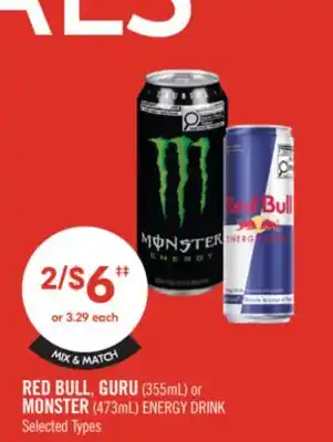 Shoppers Drug Mart RED BULL, GURU (355mL) or MONSTER (473mL) ENERGY DRINK offer
