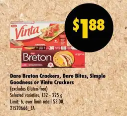 Wholesale Club Dare Breton Crackers, Dare Bites, Simple Goodness or Vinta Crackers offer
