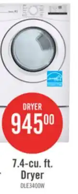 The Brick LG 7.4 Cu. Ft. Electric Dryer - White - Stackable - DLE3400W offer