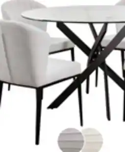 The Brick Zoe 5pc Dining Set with Table & 4 Chairs, Glass Top, Metal Geometric Base, 47W Round - Black & Ivory offer