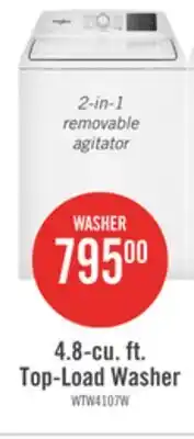 The Brick Whirlpool 4.8 Cu. Ft. Top Load Washer with 2-in-1 Removable Agitator - WTW4107SW offer